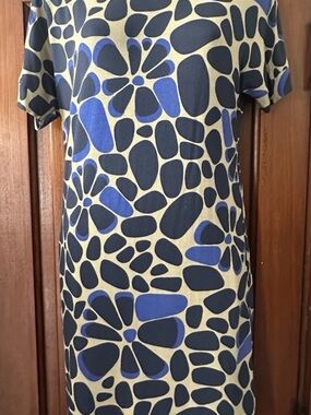 Marimekko Tunic Dress Tan Blue Flowers XS